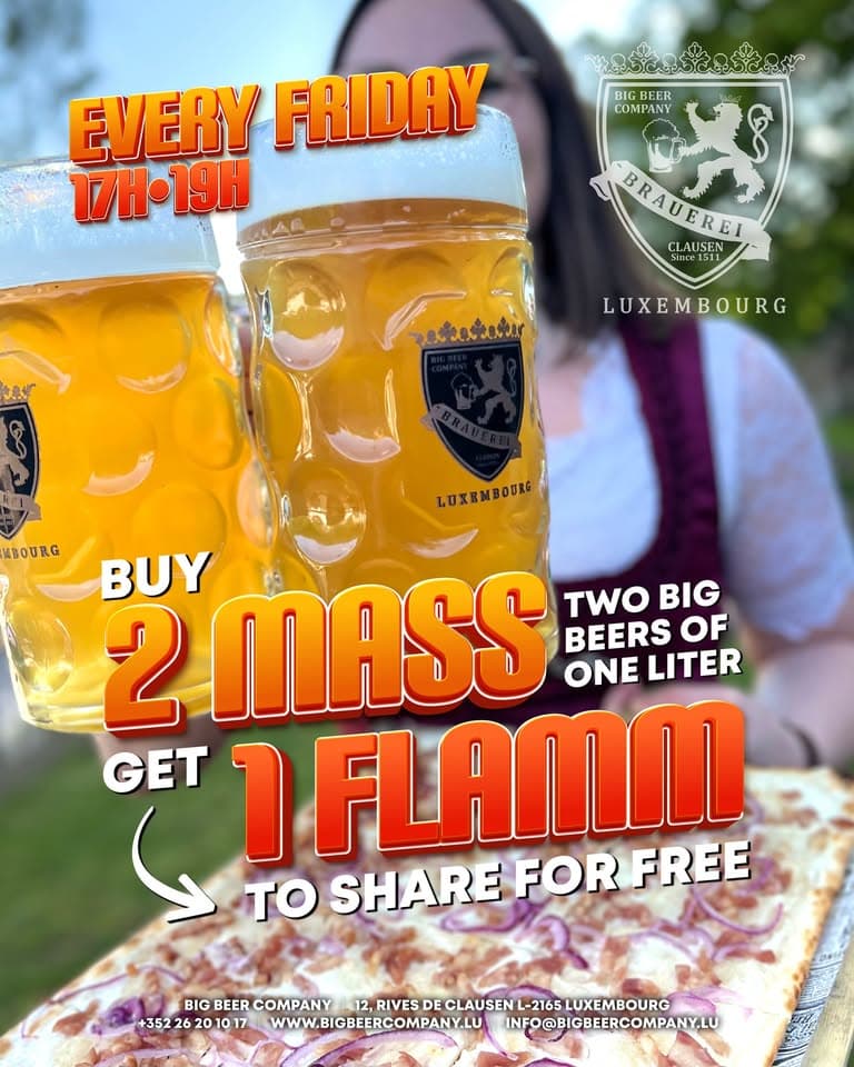 Obtenez 2 Maß (2 grandes bières de 1 litre) et 1 flammekueche gratuite • Big Beer Company Luxembourg
