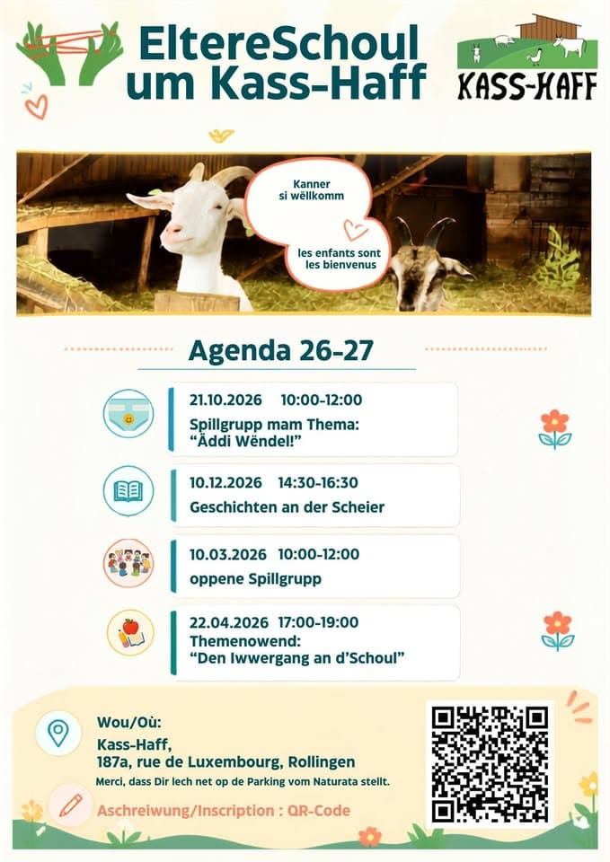 École des parents au Kass-Haff : groupe de jeu thématique « Äddi Wëndel! » (LU)